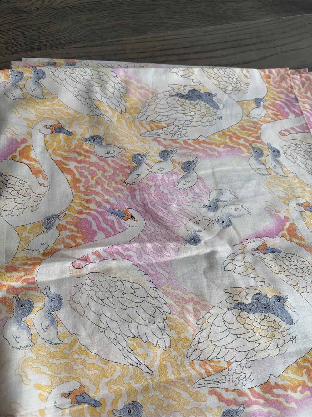 Swan Print Cotton Fabric Panel in Pastel Pink, Yellow & Gray - Picture 4 of 4